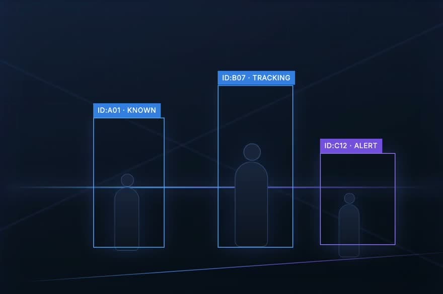 Three observed subjects with known, tracking, and alert detection boxes